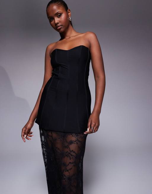 Kaiia – Exclusive – Trägerloses Maxikleid aus Spitze in Schwarz mit Strukturdesign und durchscheinendem Kontrast-Rocksaum, 2 von 4