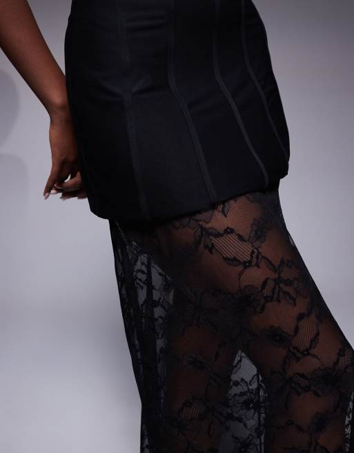 Kaiia – Exclusive – Trägerloses Maxikleid aus Spitze in Schwarz mit Strukturdesign und durchscheinendem Kontrast-Rocksaum, 3 von 4