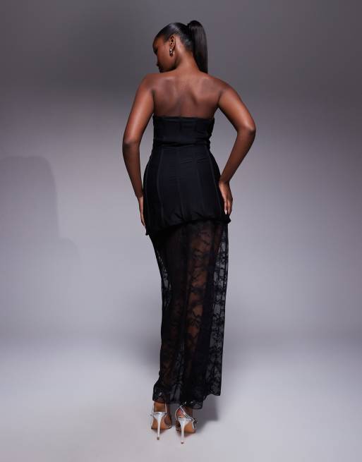 Kaiia – Exclusive – Trägerloses Maxikleid aus Spitze in Schwarz mit Strukturdesign und durchscheinendem Kontrast-Rocksaum, 4 von 4