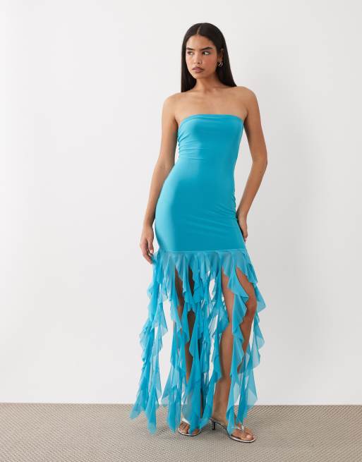 Kaiia – Exclusive – Trägerloses Maxikleid aus strukturiertem Netzstoff in Türkis mit Rüschensaum, 2 von 4