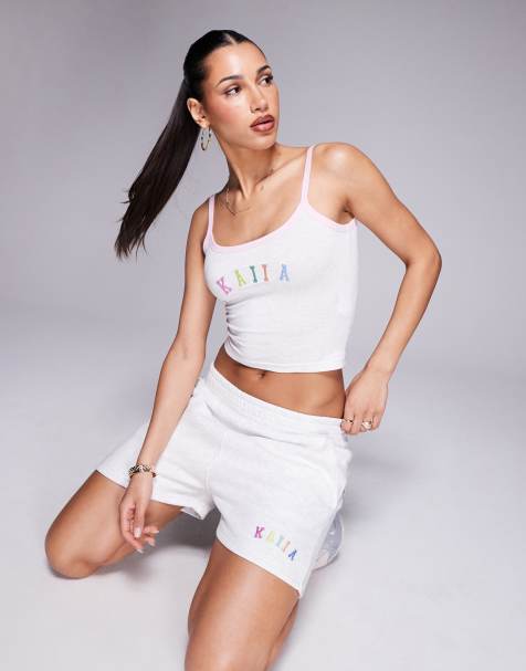 Kaiia – Exclusive – Trägertop in Grau meliert mit hohem Baumwollanteil, kurzem Schnitt, aufgesticktem Regenbogen-Logo und kontrastierender Bordüre, Kombiteil - view 1