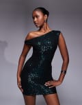 [Kaiia] Kaiia exclusive twist off shoulder mini dress in midnight emerald sequin-Green 10 Emerald