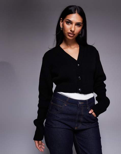 Kaiia exclusive v front button front cropped cardigan in black - view 1