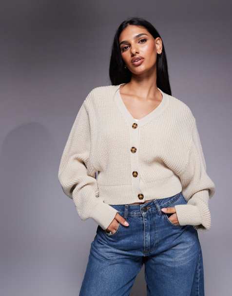 Kaiia exclusive v front button through balloon sleeve cardigan in oatmeal