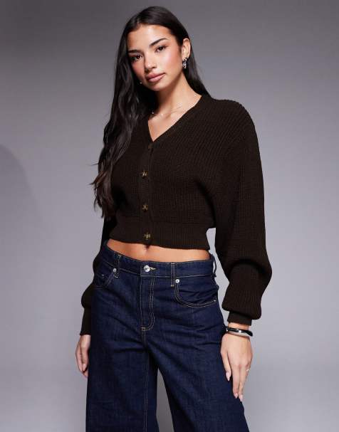 Kaiia exclusive v front button through cropped balloon sleeve cardigan in brown