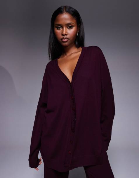 Kaiia exclusive v front button through knitted relaxed longline cardigan co-ord in burgundy