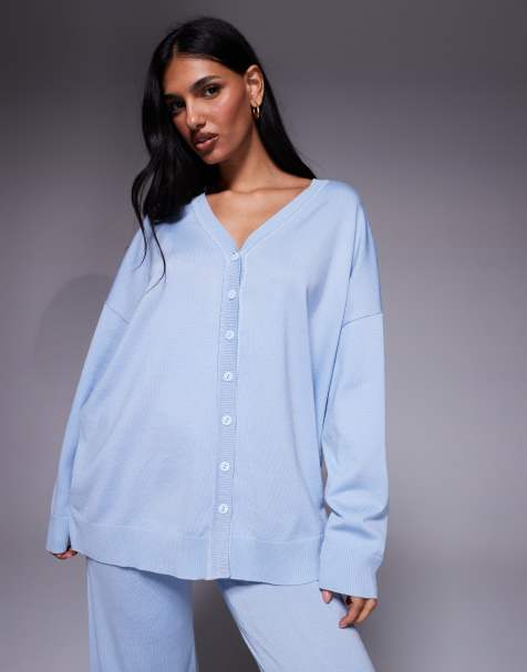 Kaiia exclusive v front button through knitted relaxed longline cardigan co-ord in soft blue - view 1