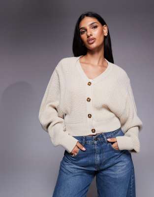 Kaiia Exclusive V-front Button Up Balloon Sleeve Cardigan In Neutral