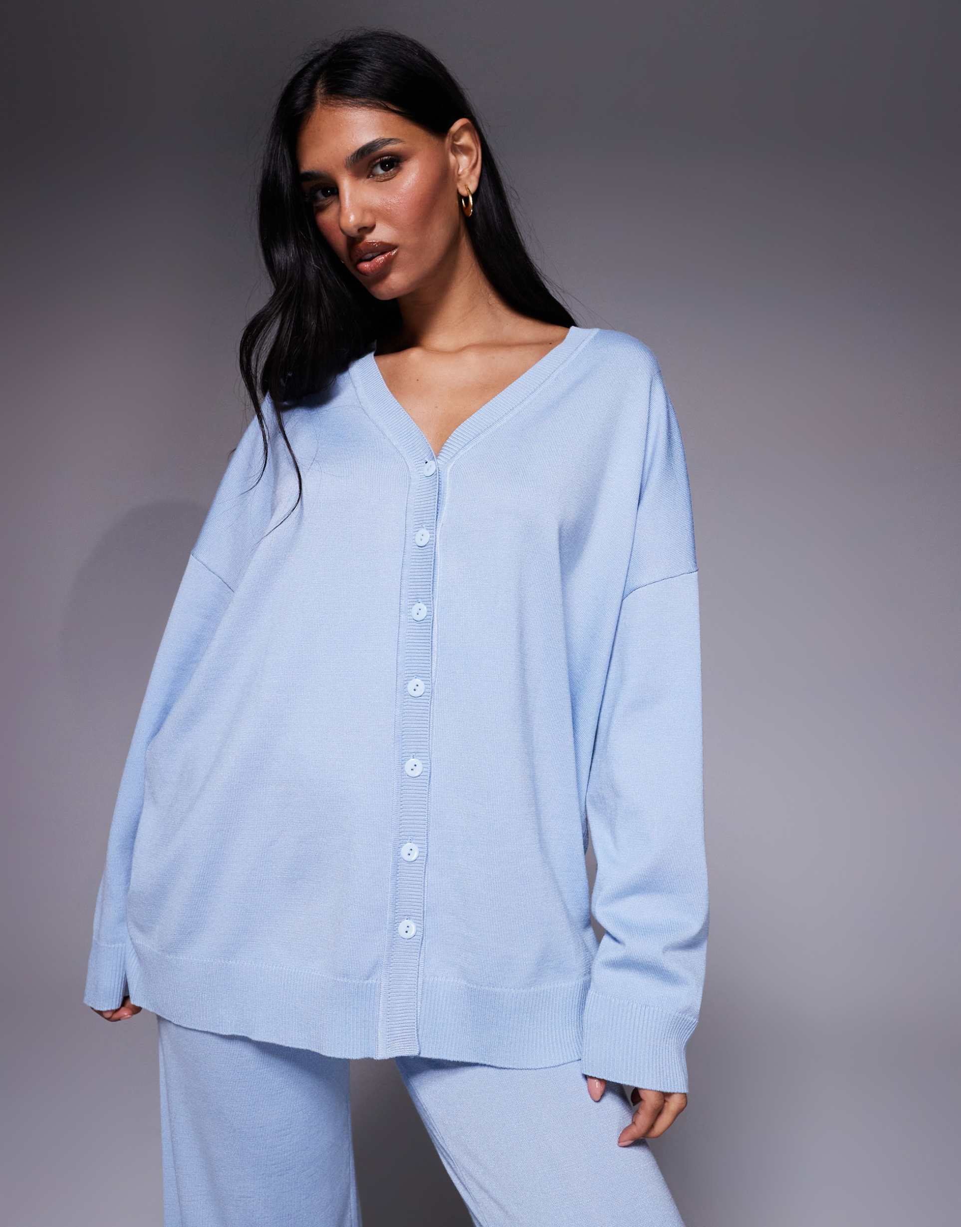 kaiia exclusive v-front button up knit relaxed longline cardigan in soft blue - part of a set