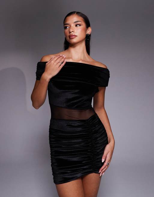 Kaiia exclusive velvet bardot mesh insert ruched skirt detail mini dress in black, 2 of 4