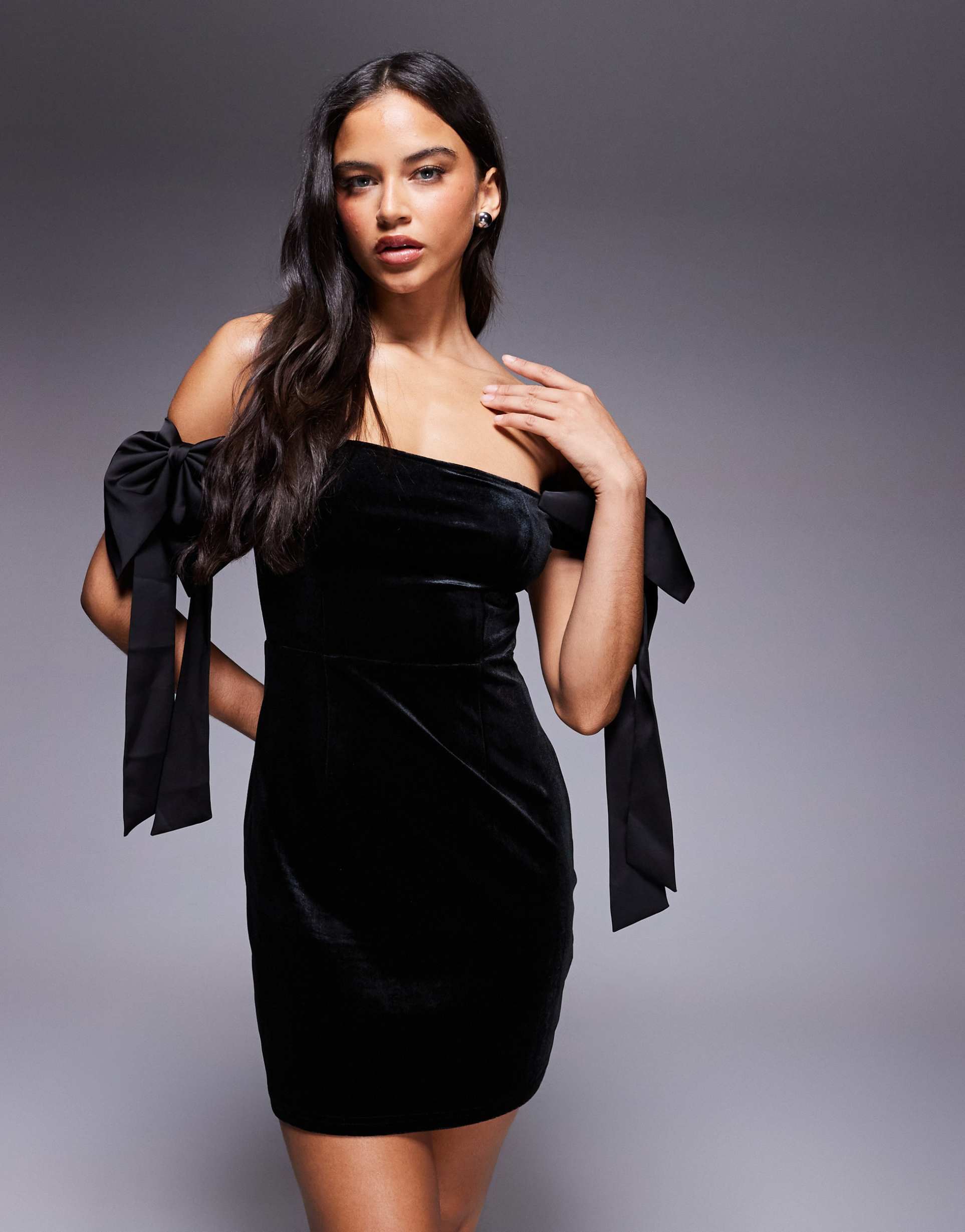 kaiia exclusive velvet off-shoulder oversized bow detail mini dress in black