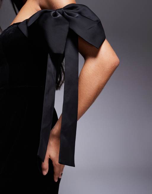 Kaiia exclusive velvet off-shoulder oversized bow detail mini dress in black, 4 of 4