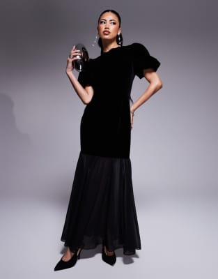 exclusive velvet puff sleeve open back drop hem maxi dress in black