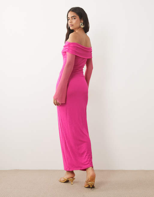 Kaiia Exclusive - Vestido largo rosa de malla texturizada con escote Bardot y detalle de paneles transparentes, 2 de 4