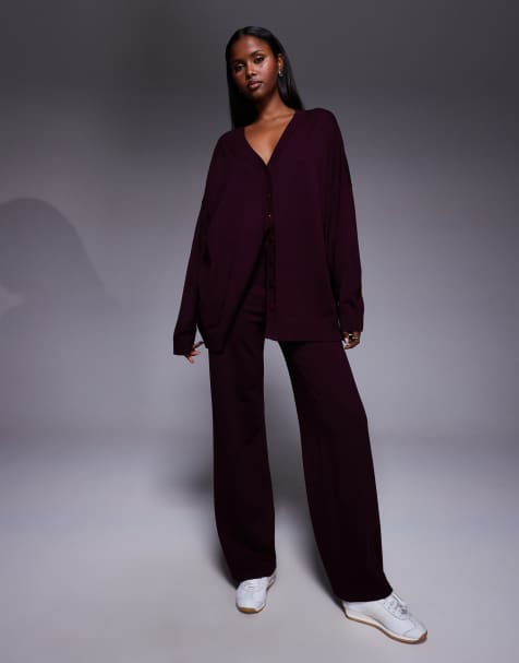 Kaiia exclusive wide leg knitted trouser and relaxed longline cardigan co-ord in burgundy - view 1