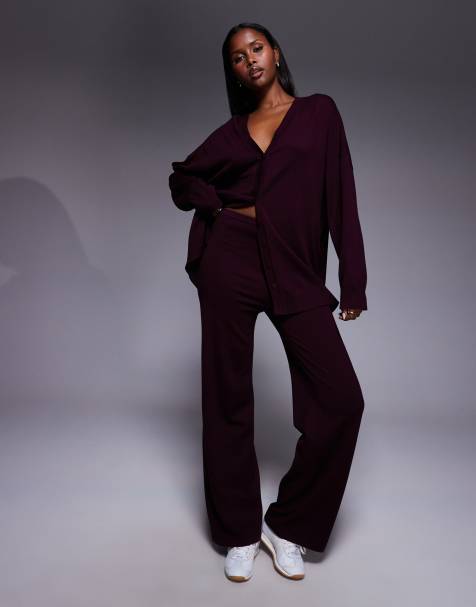 Kaiia exclusive wide leg knitted trouser co-ord in burgundy - view 1