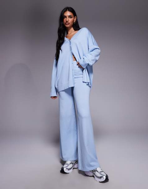 Kaiia exclusive wide leg knitted trouser co-ord in soft blue - view 1