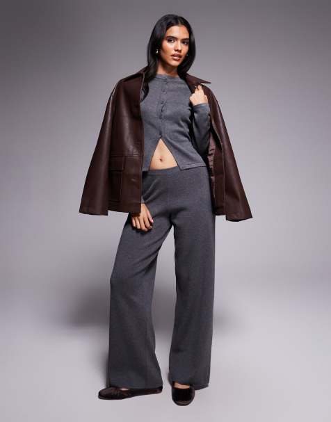 Kaiia exclusive wide leg knitted trousers co-ord dark grey