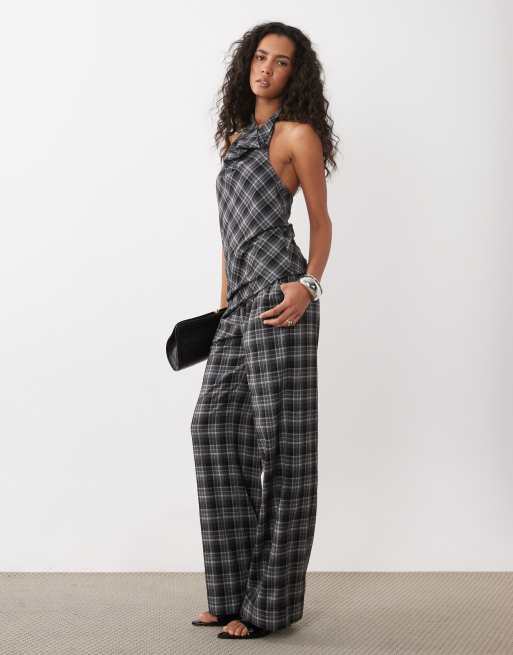 Kaiia exclusive cowl halterneck asymmetric hem top and pants in grey check, 3 of 3