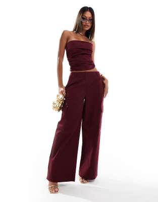 exclusive wide leg pants in dark burgundy - part of a set-Red