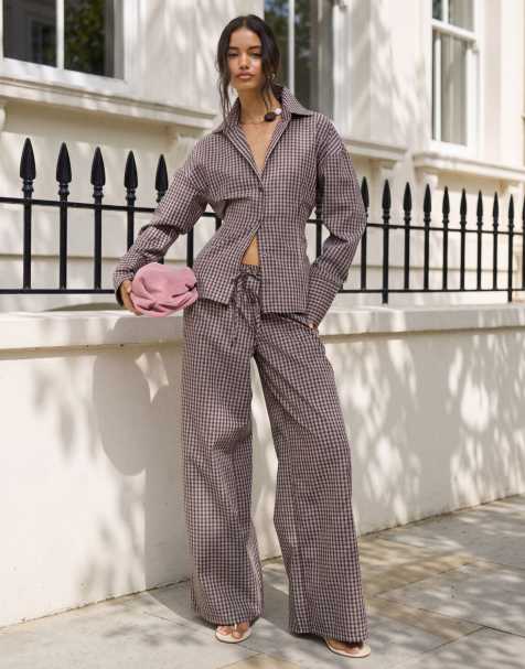 Kaiia exclusive wide leg trousers co-ord in brown check - view 1