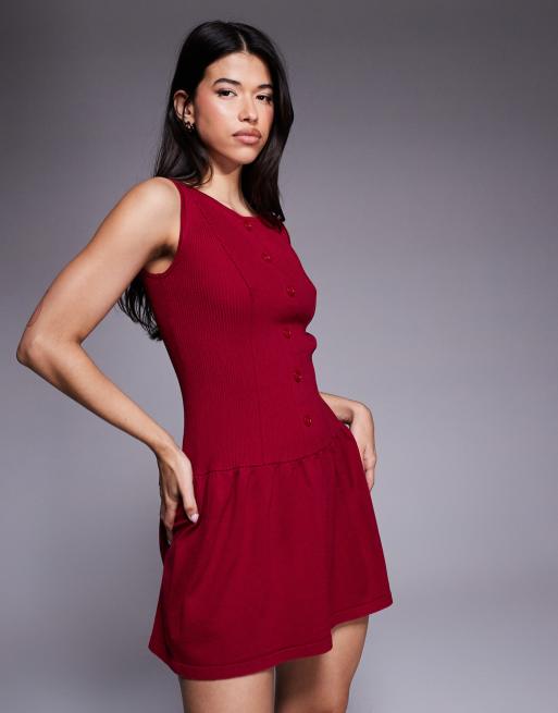 Kaiia exclusive wide neck sleeveless knitted button-through skater mini dress in berry, 4 of 4