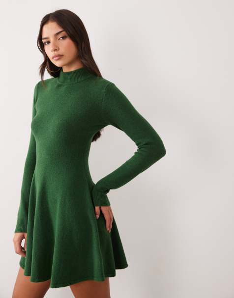 Kaiia exclusive wool feel knitted high neck skater mini dress in green - view 1