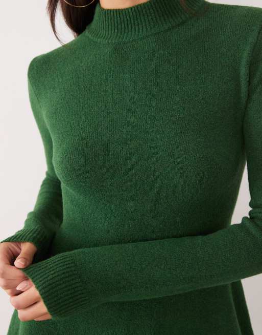Kaiia exclusive wool feel knitted high neck skater mini dress in green, 2 of 4