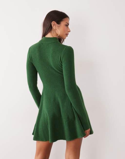 Kaiia exclusive wool feel knitted high neck skater mini dress in green, 4 of 4