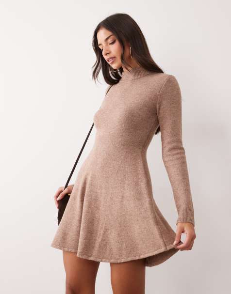 Kaiia exclusive wool feel knitted high neck skater mini dress in light brown - view 1