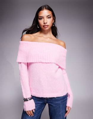 Kaiia exclusive wool feel textured knit deep bardot foldover jumper in baby pink