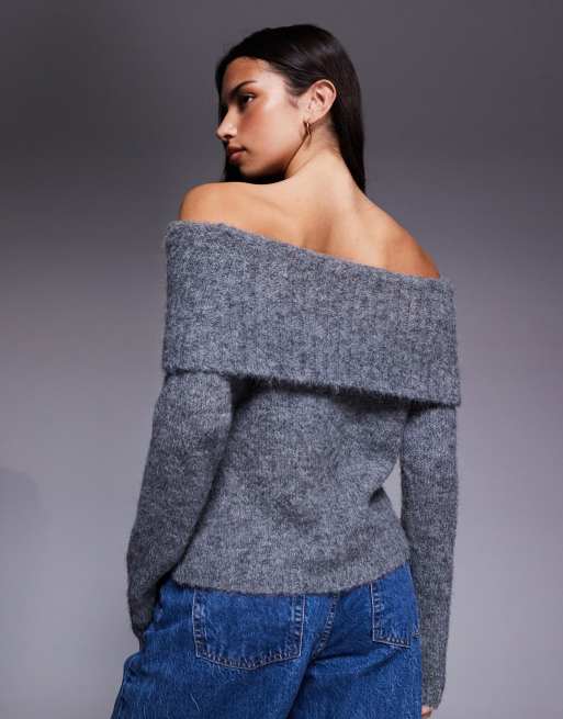 Kaiia exclusive wool feel textured knit deep bardot foldover jumper in charcoal , 2 of 4