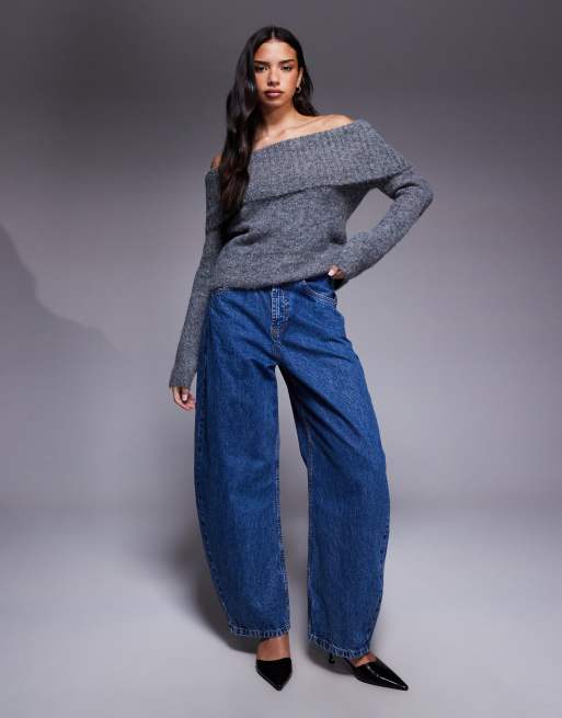 Kaiia exclusive wool feel textured knit deep bardot foldover jumper in charcoal , 3 of 4