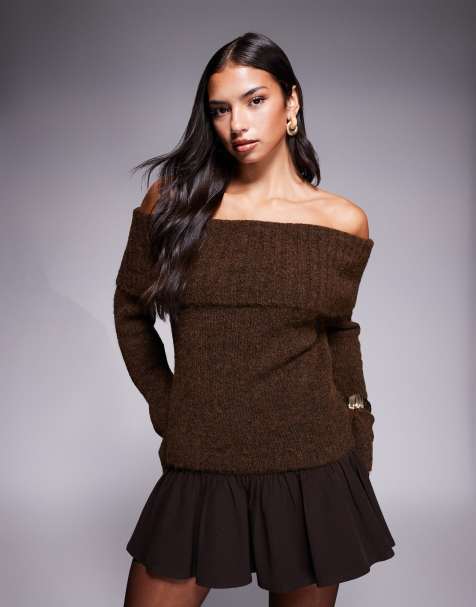 Kaiia exclusive wool-feel textured knit deep bardot foldover jumper in chocolate - view 1