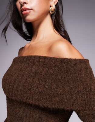 Kaiia Exclusive Wool Feel Textured Knit Deep Bardot Foldover Sweater In Brown