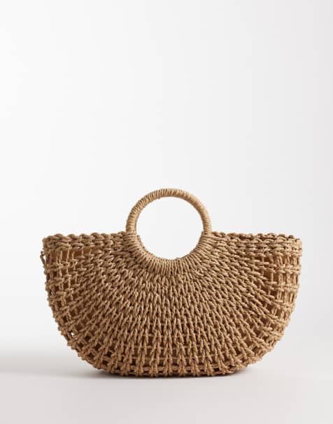 Kaiia exclusive woven straw top handle beach bag in brown - view 1