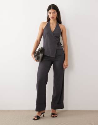 Kaiia Exclusive Woven Wide Leg Cuffed Detail Tailored Stretch Pants In Gray