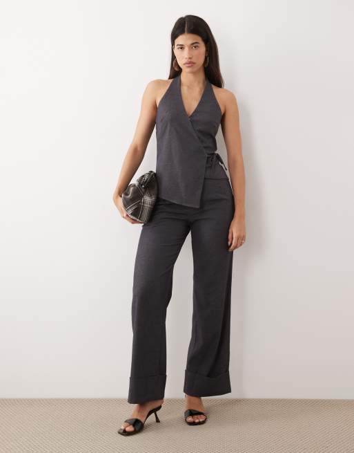 Kaiia exclusive tailored stretch woven halterneck wrap tie side top, shirt and pants set in charcoal, 2 of 4