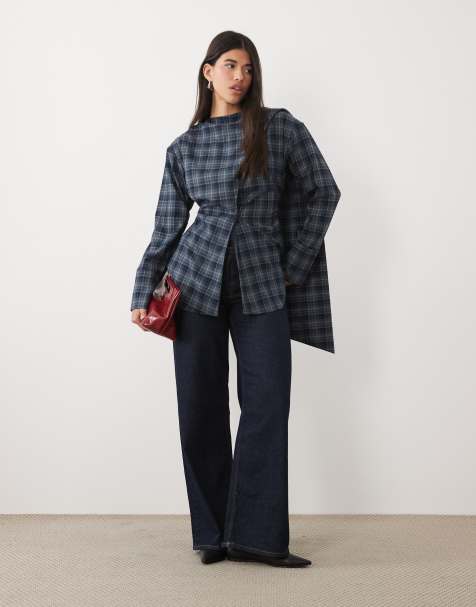 Kaiia exclusive wrap scarf detail button through tie back shirt in blue check - view 1