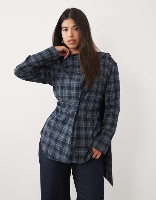 Kaiia exclusive wrap scarf detail button through tie back shirt in blue check, 2 of 4