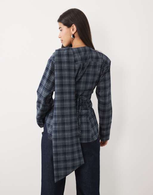 Kaiia exclusive wrap scarf detail button through tie back shirt in blue check, 3 of 4