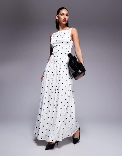 Kaiia exclusive high square neck button through drop waist satin maxi dress in mono polka dot