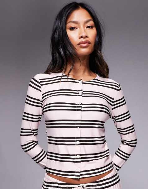 Kaiia exclusive super soft jersey button through long sleeve top co-ord in pink and brown stripe