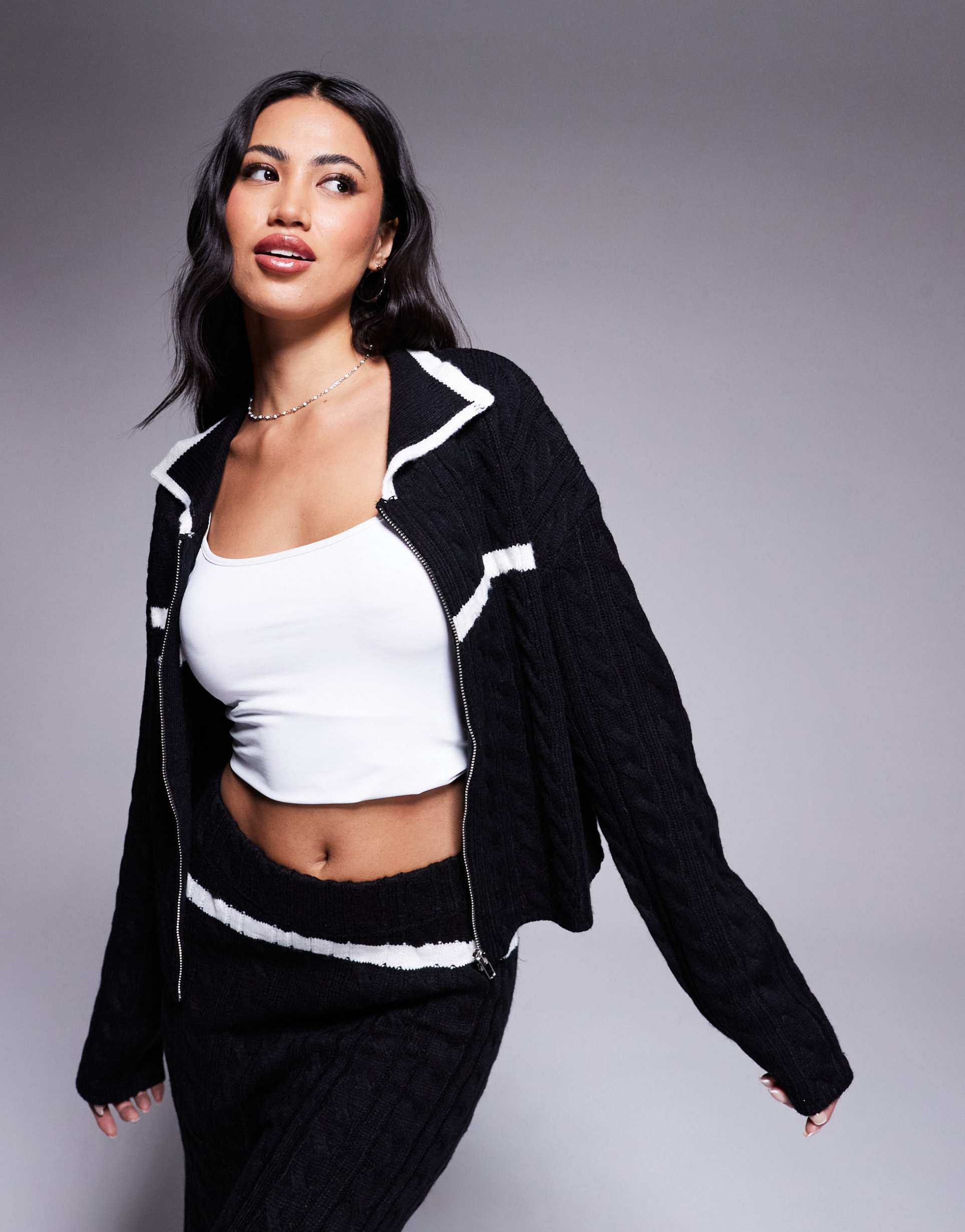 kaiia exclusive zip up collar detail sweater in black and white - part of a set