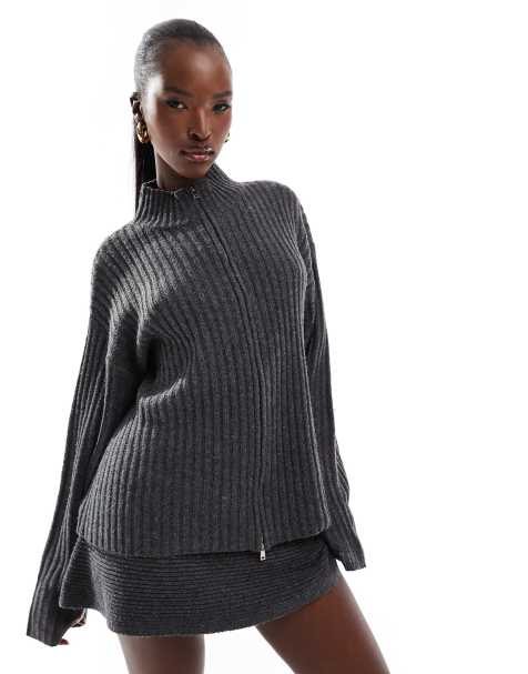 Kaiia exclusive zip up rib knit sweater in charcoal - part of a set - view 1
