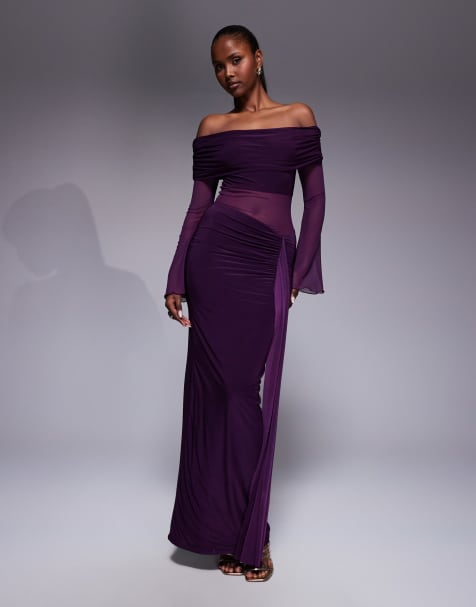 Kaiia – Exclusive – zweilagiges Maxikleid mit Bardot-Ausschnitt, transparentem Einsatz und gerafftem Rock aus fließendem Stoff in Pflaume - view 1