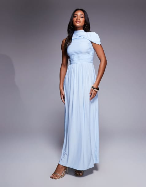 Kaiia - Exclusives - Asymmetrische gedrapeerde maxi jurk van gladde dubbellaagse stof in oudblauw - view 1