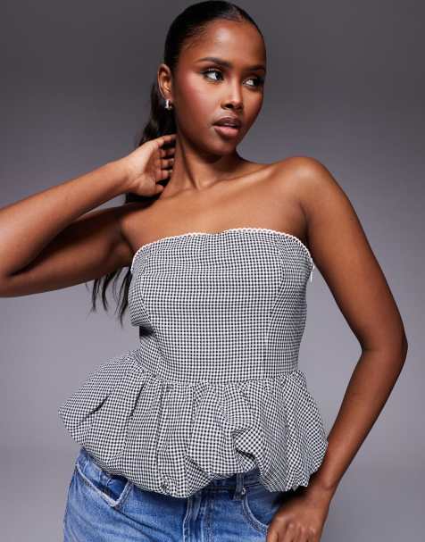 Kaiia - Exclusives - Bandeau-top met pofzoom en kanten rand in zwarte gingham ruit - view 1