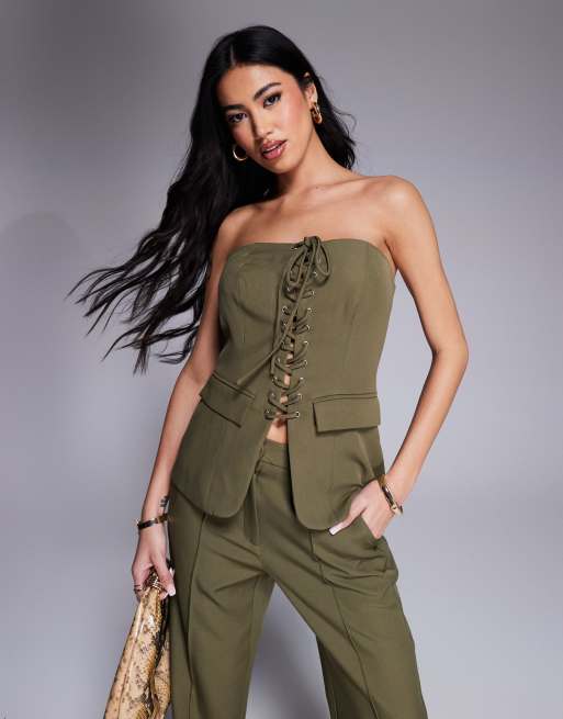 Kaiia - Exclusives - Bandeautop met veters in kaki, deel van co-ord set