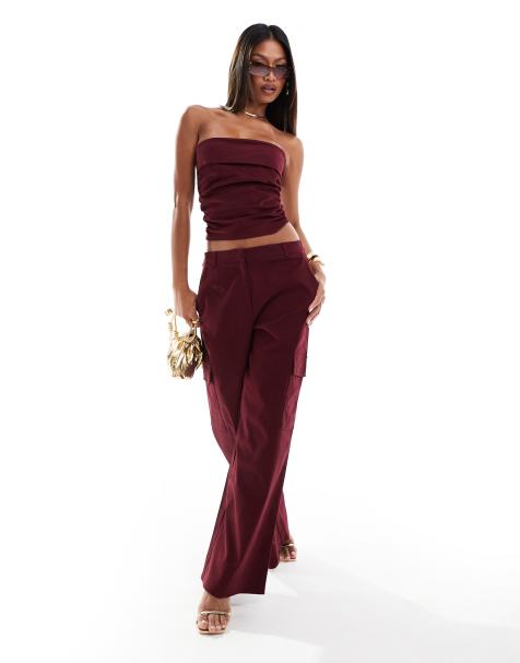 Kaiia - Exclusives - Co-ord set met bandeautop met omslag en broek met wijde pijpen in donker bordeauxrood - view 1